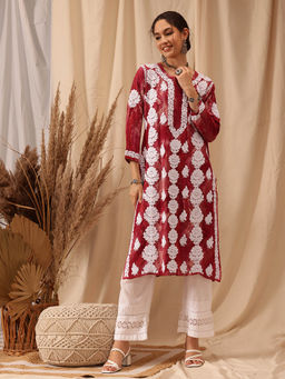 ADA - Women Hand Embroidered Lucknowi Chikankari Red Rayon Kurta