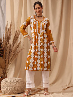 ADA - Women Hand Embroidered Lucknowi Chikankari Mustard Rayon Kurta