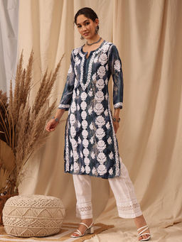 ADA - Women Hand Embroidered Lucknowi Chikankari Blue Rayon Kurta