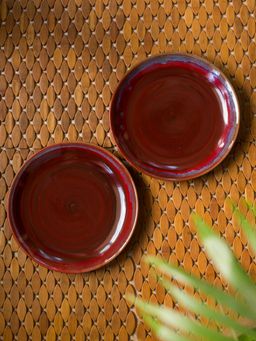ExclusiveLane - Crimson Frisbee Hand Glazed Studio Pottery Ceramic Dining Plates (10 Inch, Set of 2)