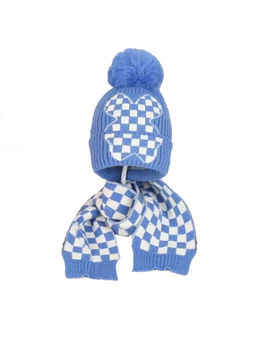 Little Surprise Box - Blue Checkered Winter Cap Beanie & Matching Neck Muffler 2-Pieces Set