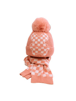 Little Surprise Box - Peach Checkered Winter Cap Beanie & Matching Neck Muffler 2-Pieces Set