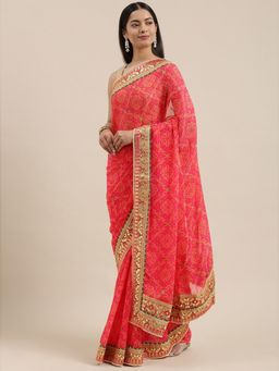 Vastranand - Coral & Yellow Bandhani Gotta Patti Bandhani Saree with Unstitched Blouse