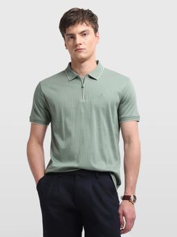 Arrow - Green Self Design Vertical Striped Regular Fit Polo T-Shirt