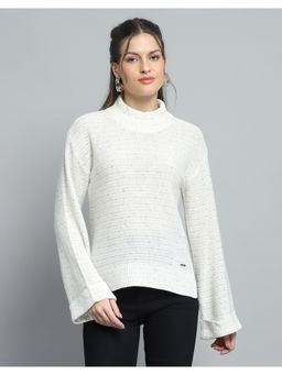 Monte Carlo - Womens Self Design Off White Mock Neck Full Sleeve Top