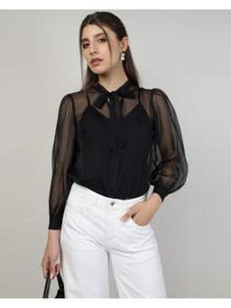 Sands of India - Black Organza Embroidered Shirt with Camisole (Set of 2) (L)