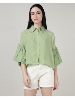 Sands of India - Green Linen Bell Sleeve Shirt