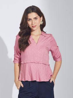 Latin Quarters - Women Pink Casual With Collar Neck Self Design Top