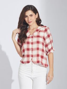 Latin Quarters - Women Red Casual Collared Checkered Shirt