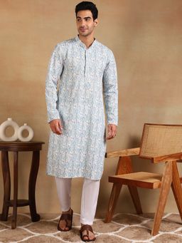 ETHNIC BAY - Men Teal Ikat Printed Straight Kurta