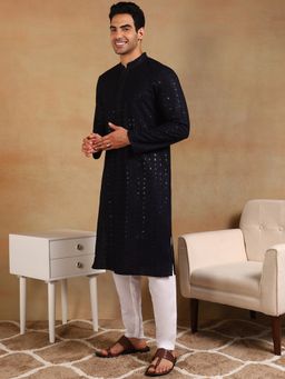 ETHNIC BAY - Men Navy Blue Embroidered Straight Kurta
