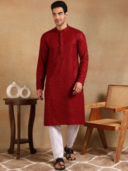 ETHNIC BAY - Men Maroon Embroidered Straight Kurta