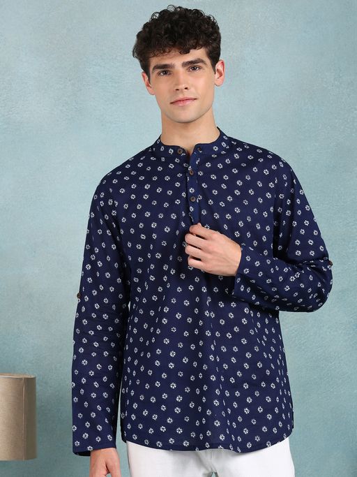 ETHNIC BAY Men Blue Cotton Bandhani Printed Straight Kurta