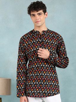 ETHNIC BAY - Men Black Cotton Ikat Printed Straight Kurta