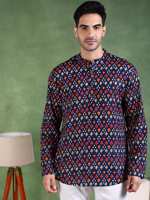 ETHNIC BAY Men Blue Cotton Ikat Printed Straight Kurta