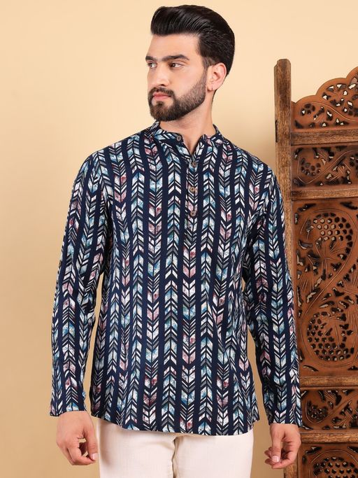 ETHNIC BAY Men Blue Digital Print Printed Straight Kurta