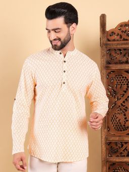 ETHNIC BAY - Men Peach Cotton Geometric Printed Straight Kurta