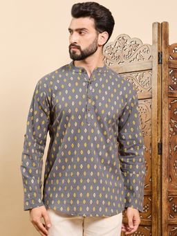 ETHNIC BAY - Men Grey Cotton Ikat Printed Straight Kurta