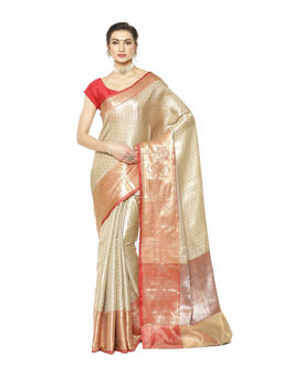 Banarasi Silk Works - Beige Kanchi Silk Zari Pattu Border Saree with Unstitched Blouse