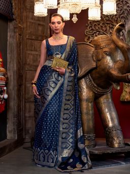 Odette - Dark Blue Satin Woven Tassels Saree with Unstitched Blouse
