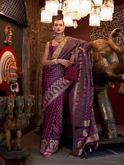 Odette - Wine Satin Woven Tassels Saree with Unstitched Blouse