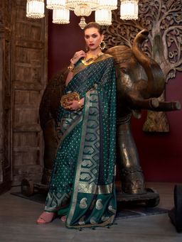 Odette - Dark Green Satin Woven Tassels Saree with Unstitched Blouse
