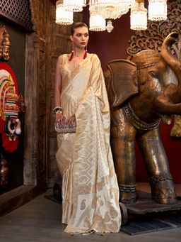 Odette - Off White Satin Woven Tassels Saree with Unstitched Blouse