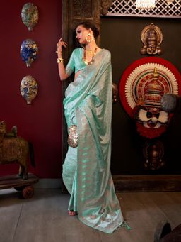 Odette - Sea Green Satin Woven Tassels Saree with Unstitched Blouse