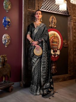 Odette - Black Satin Woven Tassels Saree with Unstitched Blouse