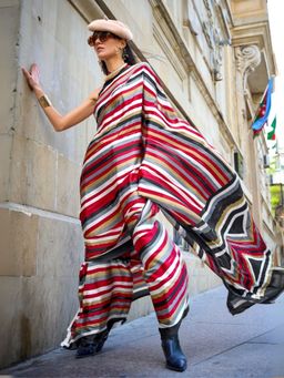 Odette - Multi-Color Satin Stripes Printed Saree with Unstitched Blouse