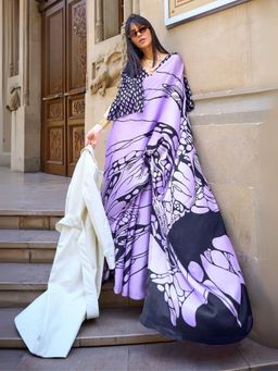 Odette - Lavender Satin Printed Saree with Unstitched Blouse