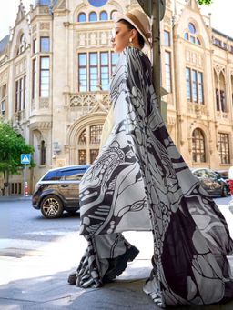 Odette - White Satin Printed Saree with Unstitched Blouse