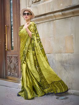 Odette - Green Satin Printed Saree with Unstitched Blouse