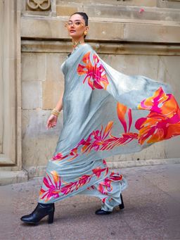 Odette - Light Blue Satin Floral Printed Saree with Unstitched Blouse