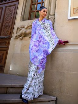Odette - Purple and White Satin Printed Saree with Unstitched Blouse
