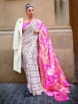 Odette - Pink and White Satin Printed Saree with Unstitched Blouse