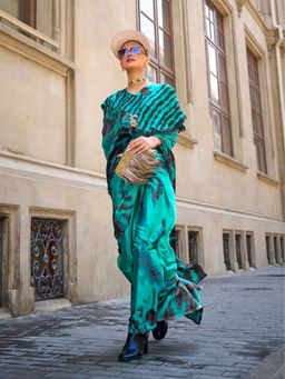 Odette - Green Satin Printed Saree with Unstitched Blouse