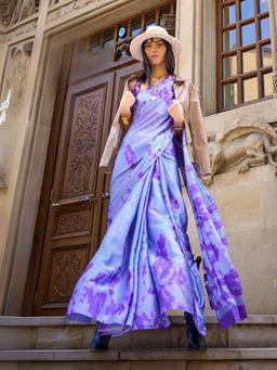 Odette - Purple Satin Printed Saree with Unstitched Blouse