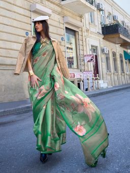 Odette - Green Satin Floral Printed Saree with Unstitched Blouse