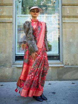 Odette - Red Satin Floral Printed Saree with Unstitched Blouse