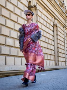 Odette - Wine Satin Floral Printed Saree with Unstitched Blouse