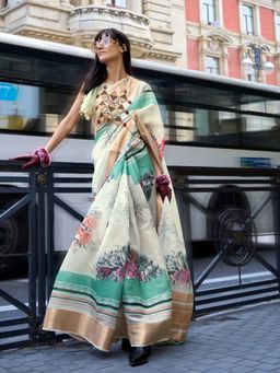 Odette - Multi-Color Stylish Satin Floral Printed Saree with Unstitched Blouse