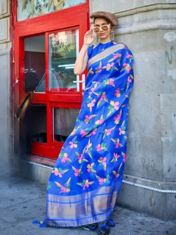Odette - Blue Satin Floral Printed Saree with Unstitched Blouse