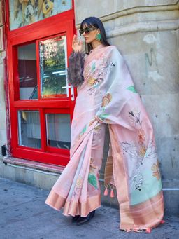 Odette - Peach and Green Satin Floral Printed Saree with Unstitched Blouse