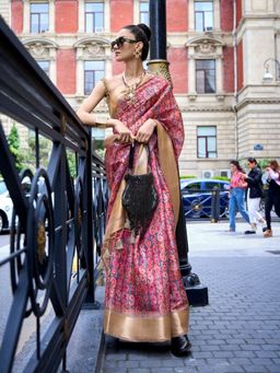 Odette - Pink Satin Printed Tassels Saree with Unstitched Blouse