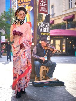 Odette - Peach Silk Blend Printed Saree with Unstitched Blouse