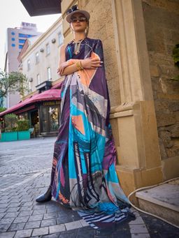 Odette - Multi-Color Silk Blend Printed Saree with Unstitched Blouse