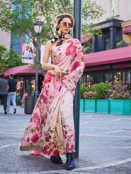 Odette - Peach Silk Blend Floral Printed Saree with Unstitched Blouse