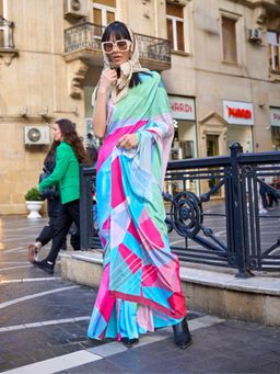 Odette - Multicolor Silk Blend Printed Stylish Saree with Unstitched Blouse