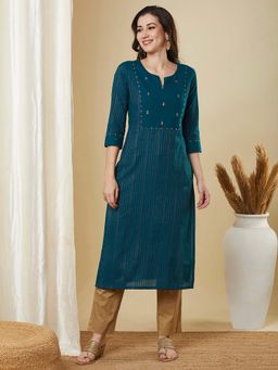 Kami Kubi - Teal Straight Fit Cotton Stripes Printed Kurta